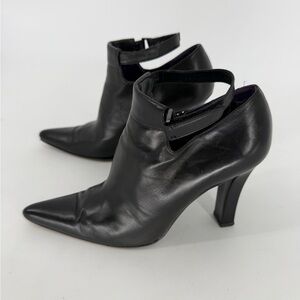 Ralph Lauren Black Leather Ankle Strap Booties With Purple Leather Lining Size 8